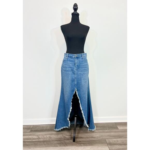 Show Me Your Mumu Reba Maxi Skirt in Open Seas Blue Size 27 Denim Fringe Hem - Picture 2 of 5